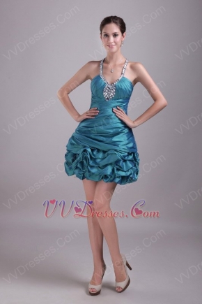 Teal Halter Designer Mini Cocktail Dress With Rhinestone