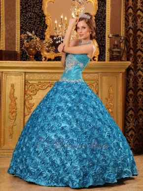 Teal Rolled Flowers Fabric Quinceanera Dress At Cheap Price