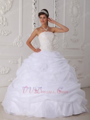 Strapless Lace Appliqued White Organza Quinceanera Dress