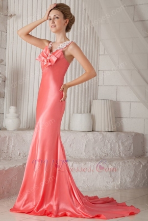 Spaghetti Straps Column Skirt Beaded Watermelon Prom Dress Petite