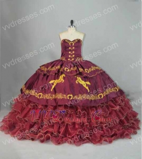 Western Sweet 16 Girl Burgundy Ball Gown Gold Horse Horseshoe Embroidery