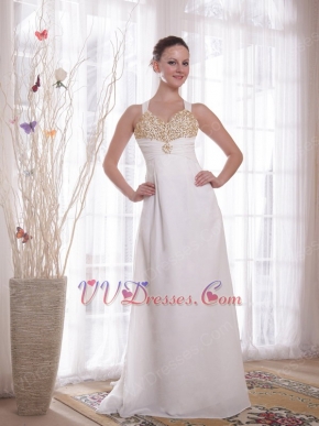 New Style Cross Back White Prom Dress With Golden Pearl