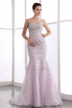 Amazing Spaghetti Straps Trumpet Pink Beaded Evening Dress