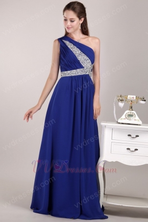 Beaded One Shoulder Royal Blue Chiffon Quality Prom Dress Cheap