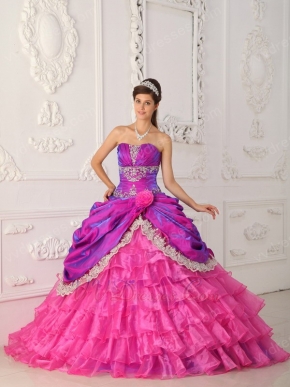 Hot Pink Ruffled Layers Fuchsia Quinceanera Dress With Lace Decorate