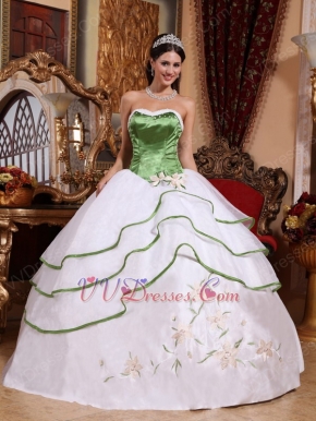 White Discount Quinceanera Dress With Spring Green Details