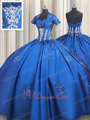 Latest Royal Blue Flat Satin Silver Embroidery Court Ball Gown With Jacket