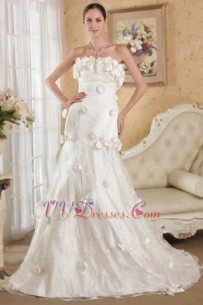 Strapless Cream Lace Bridal Gown With Hand Made Flowers