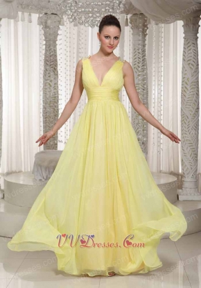 Light Yellow Chiffon Stage Dancers Partner Quality Prom Dresses V Neck