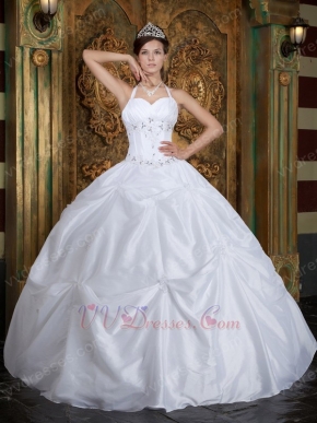 Halter Floor Length Picks-up Skirt White Quinceanera Dress