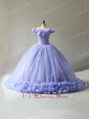 Puffy Lavender Tulle Handmade 3D Flower Cathedral Train Fairyland Quinceanera Ball Gown