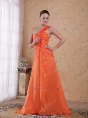 One Shoulder Orange Designer Prom Dress With Rosette Strap