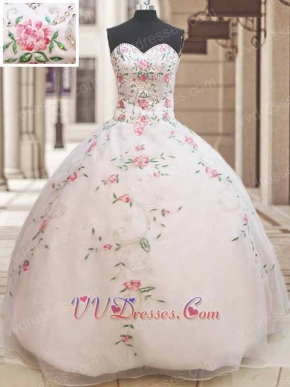 Flat Organza Princess White Quinceanera Ball Gown Rose Pink Exquisite Embroidery