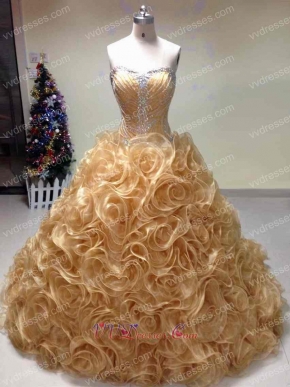 Curly Ruffles Skirt Fair Quinceanera Ball Gown By Shiny Gold Organza