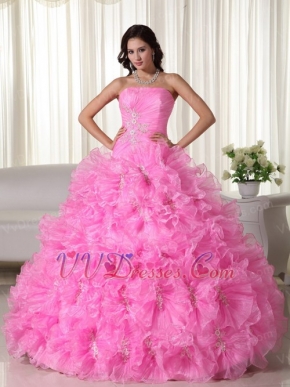 Lovely Pink Quinceanera Dress Rolled Frill Flowers Skirt Like Princess