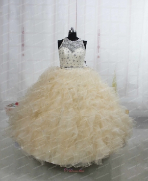 Two-Pieces Champagne Quinceanera Court Dress Lace Bodice Midriff Costume