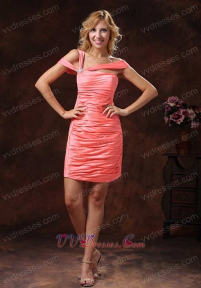 Watermelon Asymmetrical Neckline and Ruched Over Skirt For Prom Wear