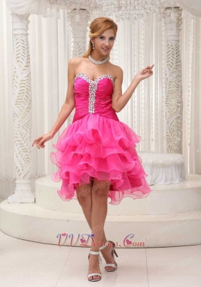 Lovely Hot Pink High-low Organza Cocktail Gown 4 Layers Skirt Popular