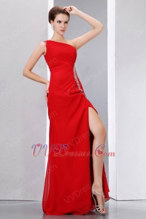 One Shoulder Side High Split Alizarin Crimson Evening Dress