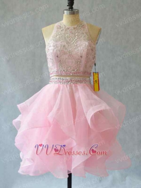 High Scoop Neck Two-Pieces Ruffles Short Organza Prom Dress Lovely Pink