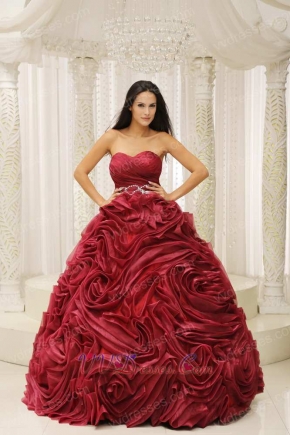 Pretty Wine Red Rolled Flowers Quinceanera Dress Puffy For Evening