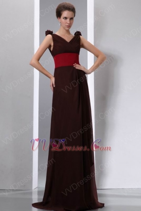 Coconut Brown Chiffon Evening Dress With Cerise Red Belt