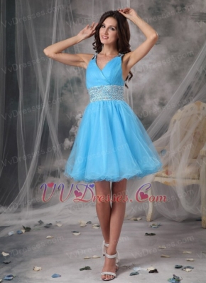 Aqua Blue V-neck Beaded Short Prom Dress Cross Back Knee Length Sexy