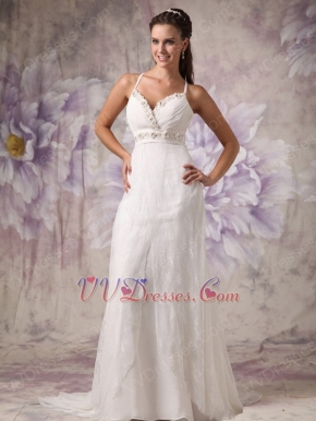 Low Price Spaghetti Straps Cross Back Lace Wedding Dress