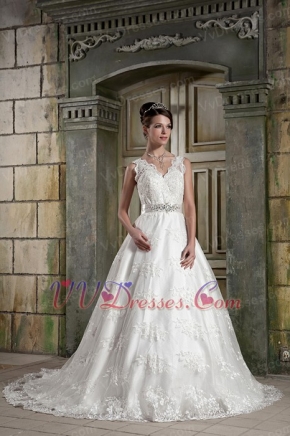 V Neck Style Puffy Skirt Discount Wedding Dress For Sale Low Price