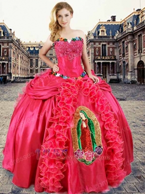 Coral Quinceanera Ball Gown Front Skirt With Blessed Virgin Mary Embroidery