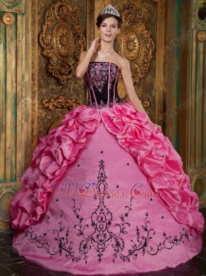 Strapless Hot Pink Quinceanera Dress With Black Embroidery