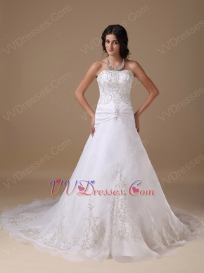 Strapless Embroidery Chapel Train White Wedding Dresses Wholesale