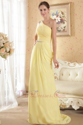 Crystals Emberllish One Shoulder Yellow Chiffon Prom Dresses UK