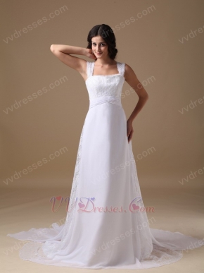 Straps Square White Chiffon Lace Wedding Dress For Beach