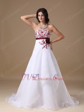 Cheap White Prom Dress With Wine Red Embroidery Details