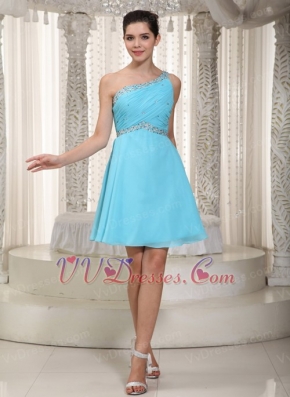 Cute One Shoulder Mini-length Aqua Chiffon Mini Dress For Party Knee Length Sexy