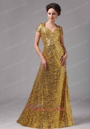 Shiny Gold Paillettes Covered Entire Skirt Cap Sleeves Vocal Concert Dress