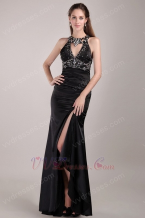 Black Column Rhinestones Backless Prom Dress With Side Split