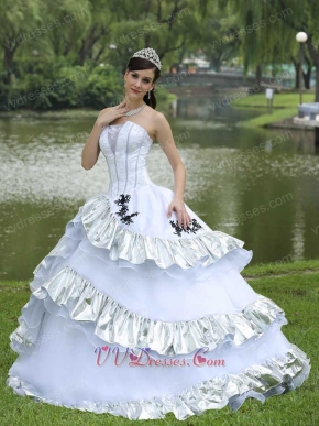 Ball Gown Skirt White Quinceanera Dress Silver Details For Military Ball