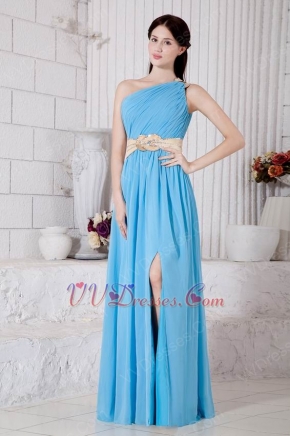 One Shoulder Neck Aqua Blue Prom Dress With Front Split