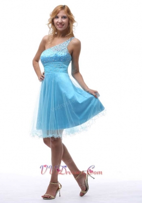 Cheap Single Left Strap Aqua Blue Short Tulle Prom Dresses Shop