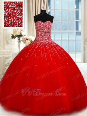 Floor Length Scarlet Concert Proscenium Ball Gown Fully Twinkling Silver Beadwork