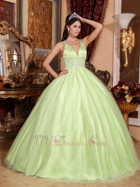 Straps V Neckline Yellow Green Open Back Quinceanera Dress