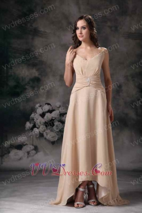 Champagne Spaghetti Straps V Neckline High Low Prom Dress Short and Long Skirt