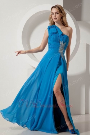 Unique One Shoulder High Split Blue Beaded Evening Dress
