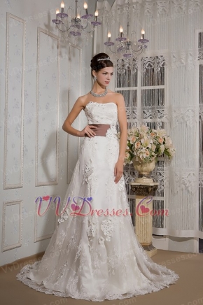 Beautiful Strapless Court Train Belt Wedding Dress With Applique Low Price