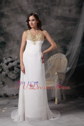 V-neck Cross Back White Chiffon Prom Dress With Golden Details Inexpensive