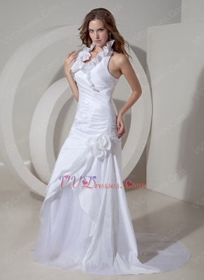 Simple Halter Taffeta Wedding Dress White Hand Made Flowers