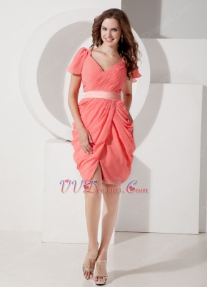V-neck Short Sleeves Watermelon Chiffon Mini Prom Dress