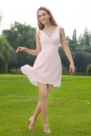 V-neck Pink Chiffon Girl Bridesmaid Dress For 2014 Wedding